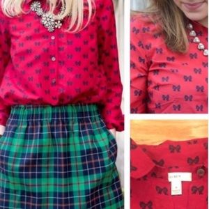 J. Crew red blouse with black bow ties